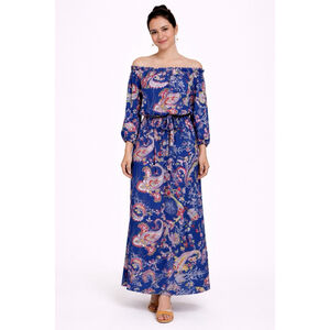 NWT Women's Bisou Bisou Blue Pink Paisley Off-Shoulder Maxi Dress Plus Size 16